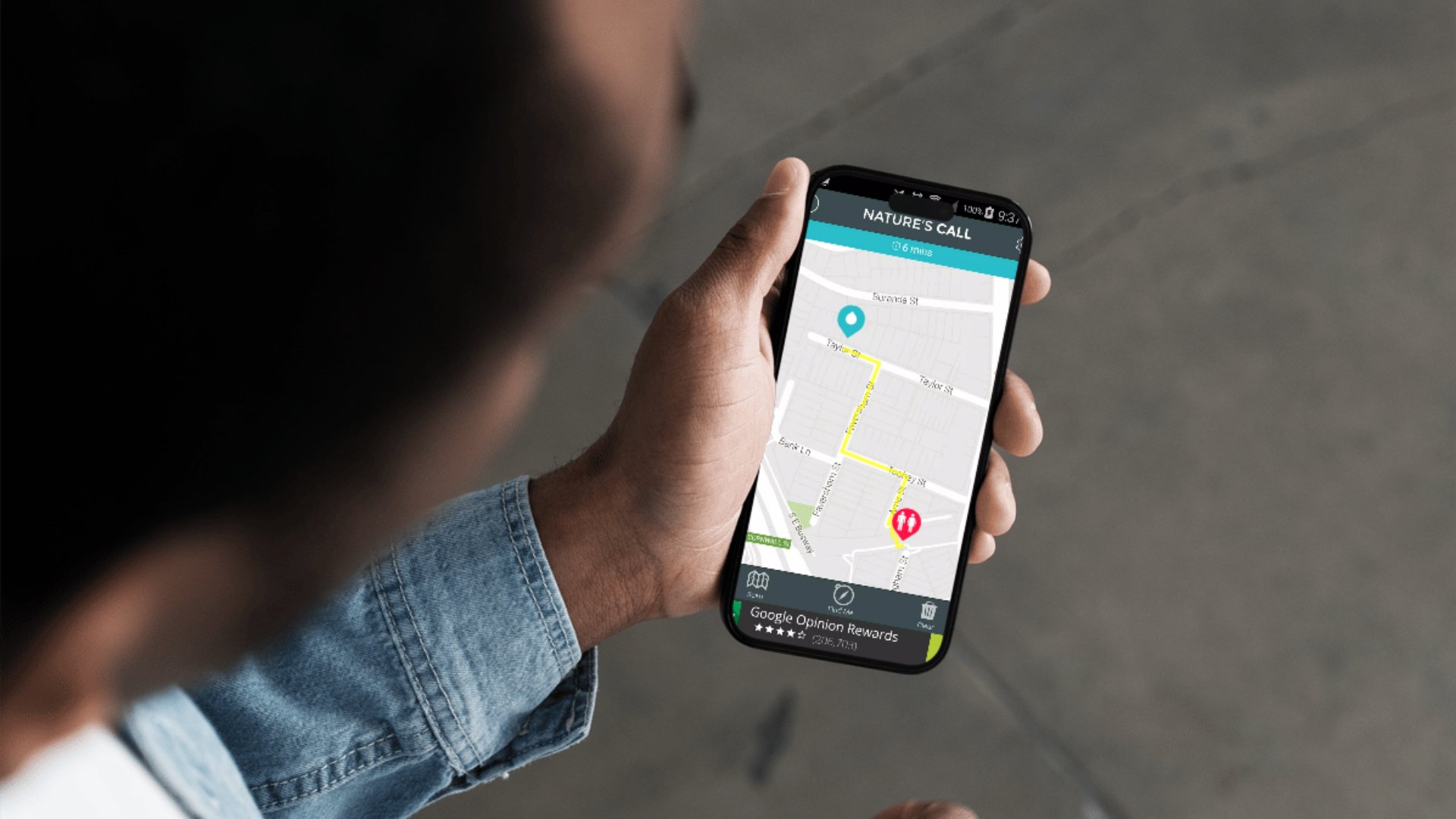 Mobile app interface for Nature’s Call, showing nearby rest stops and facilities.
