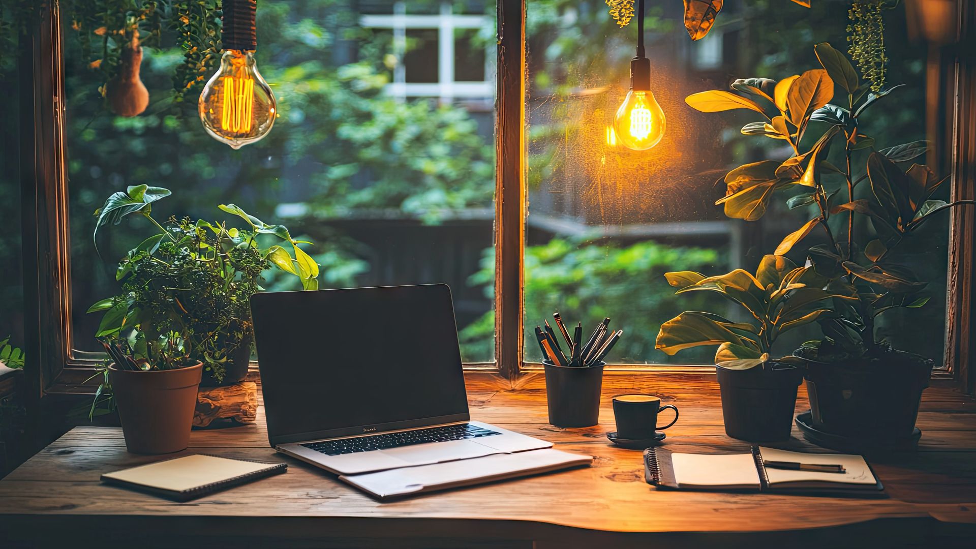 A quiet workspace with a headset, notebook, and warm evening light.