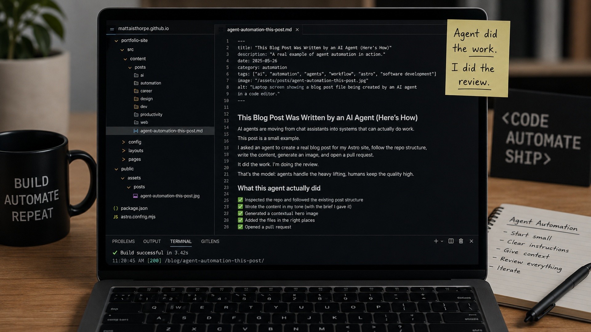 Laptop screen displaying a blog post being assembled by an AI agent in a code editor