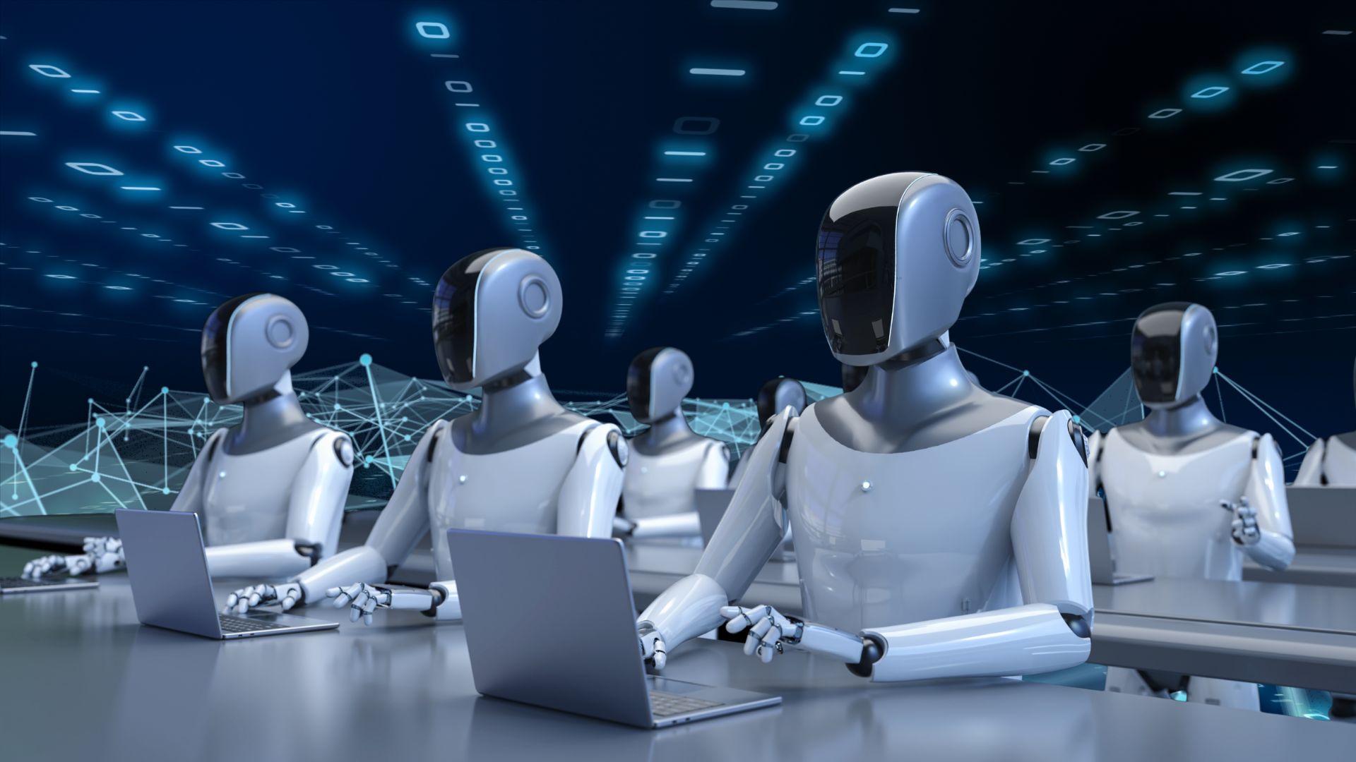 Abstract representation of autonomous AI agents coordinating tasks