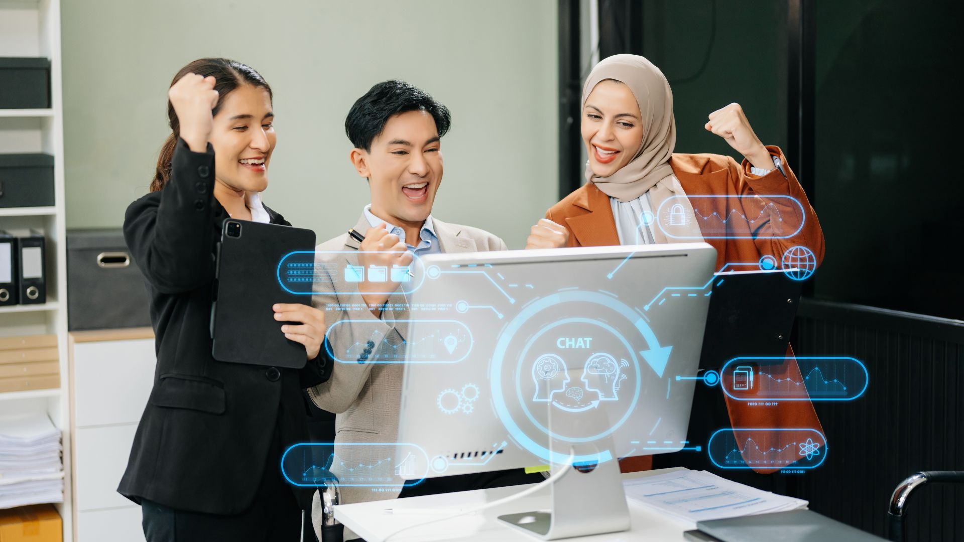 Team collaborating around a computer with AI-assisted digital tools