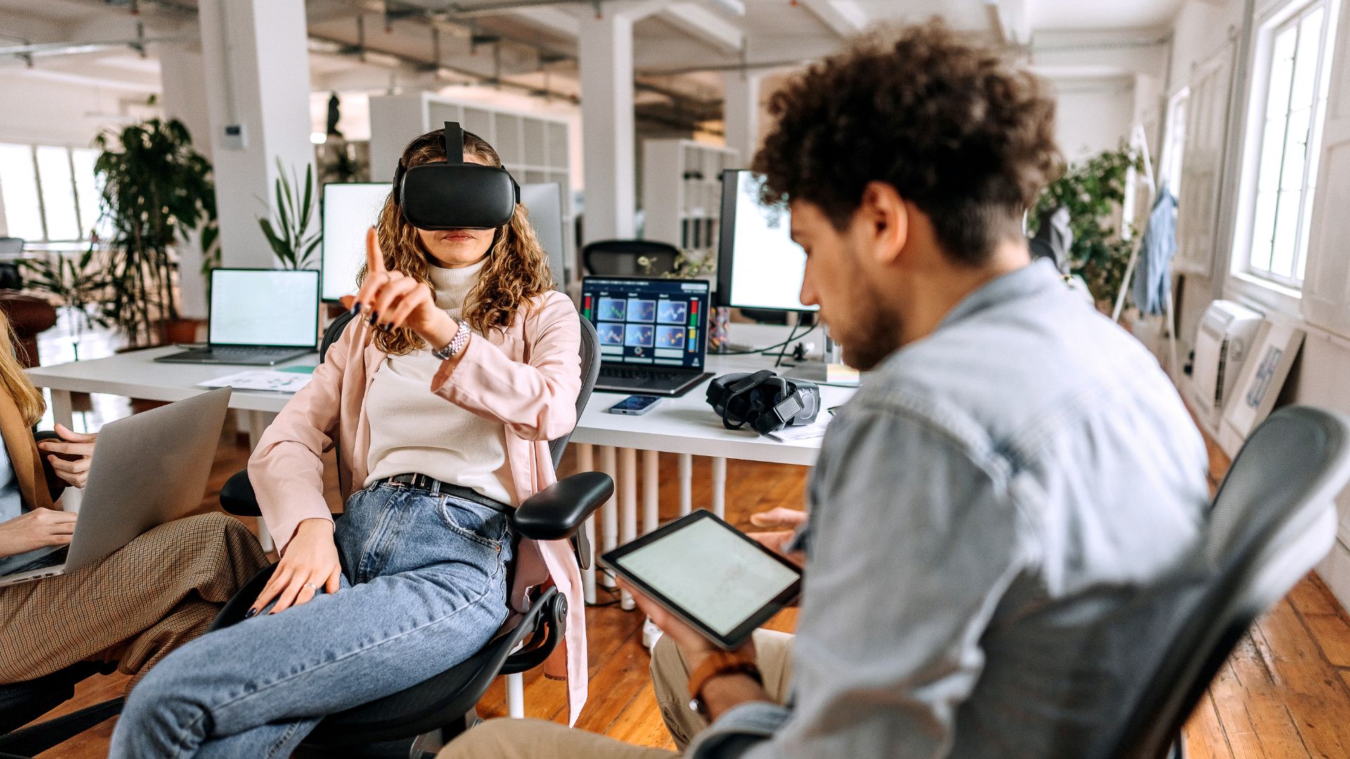 A futuristic depiction of virtual reality in a business setting