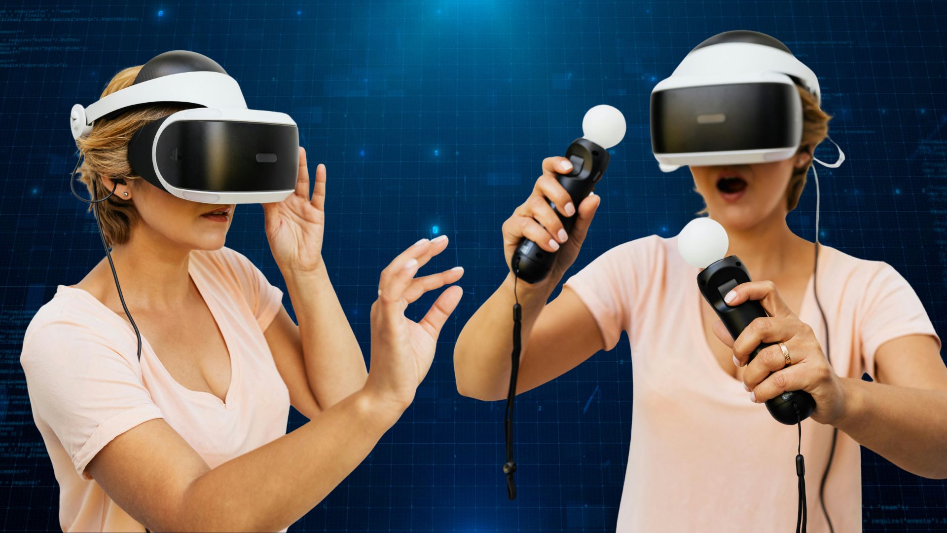 A VR user interacting with a virtual environment using both controllers and hand tracking.