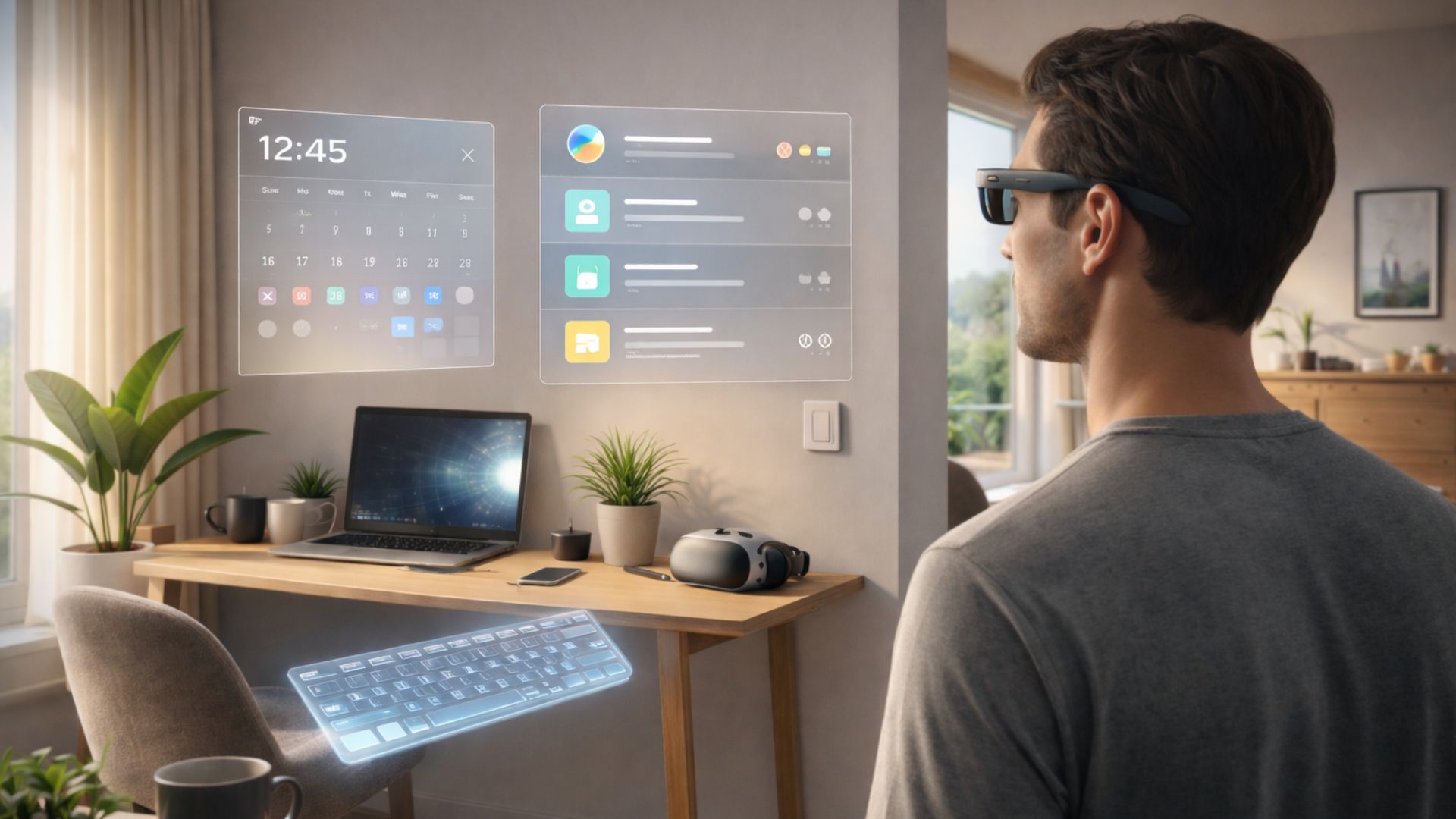 View through passthrough MR headset showing virtual objects anchored to a real home environment