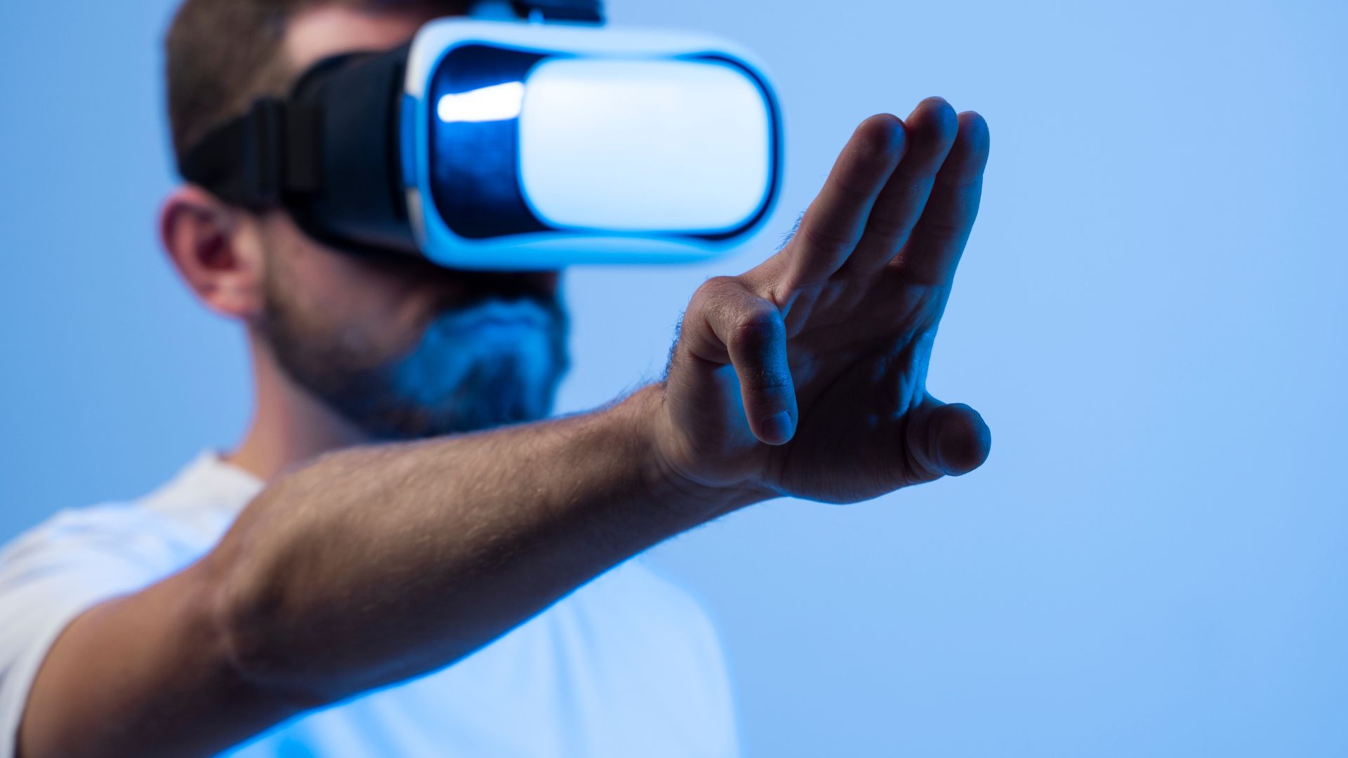 A user wearing a mixed reality headset surrounded by floating AI-driven interfaces and data streams.
