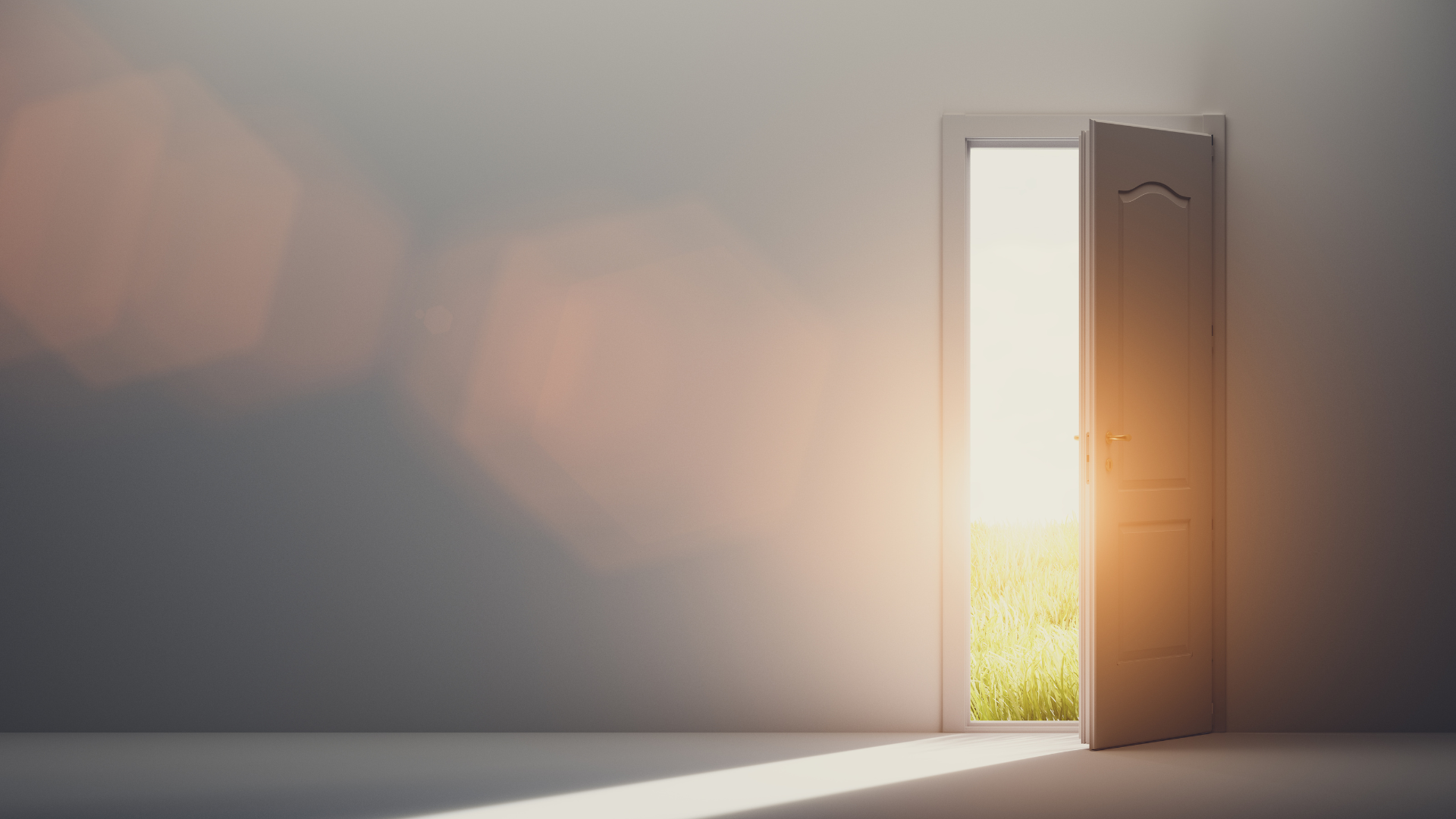 A door in an empty room opens outward to a grassy plain.