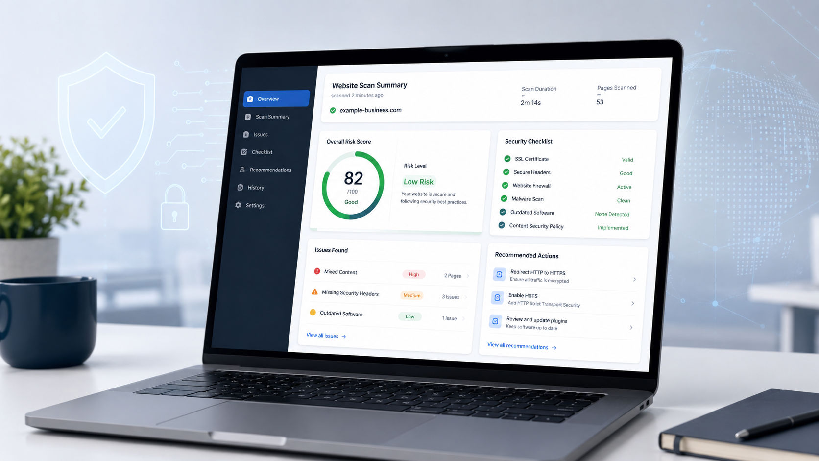 Cybersecurity dashboard showing a website scan summary, risk score, security checklist, and recommended actions.