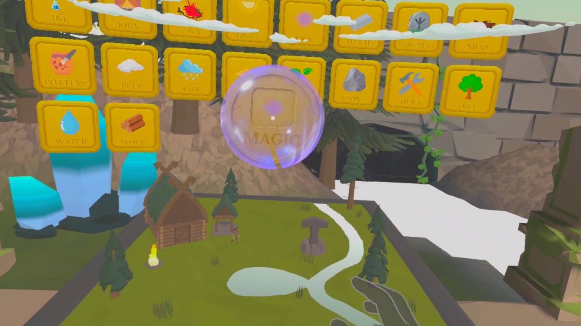 VR player combining elemental orb in a magical Viking world.