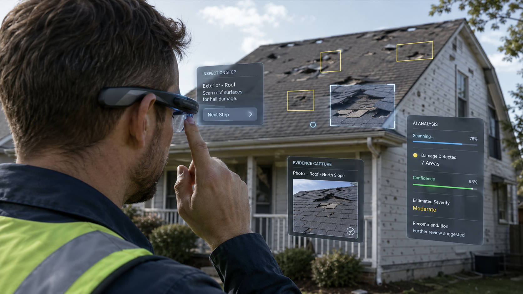Field inspector using smart glasses with AI-assisted damage detection overlays during a property claim inspection.