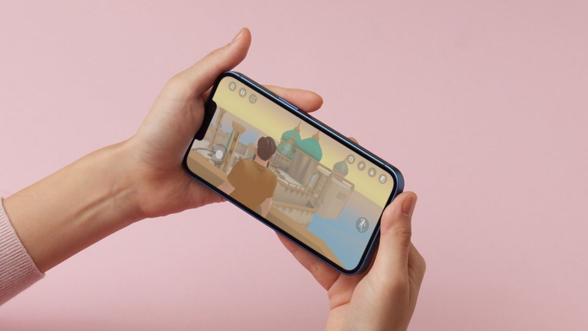 A mobile phone with a player on screen overlooking a dungeon.
